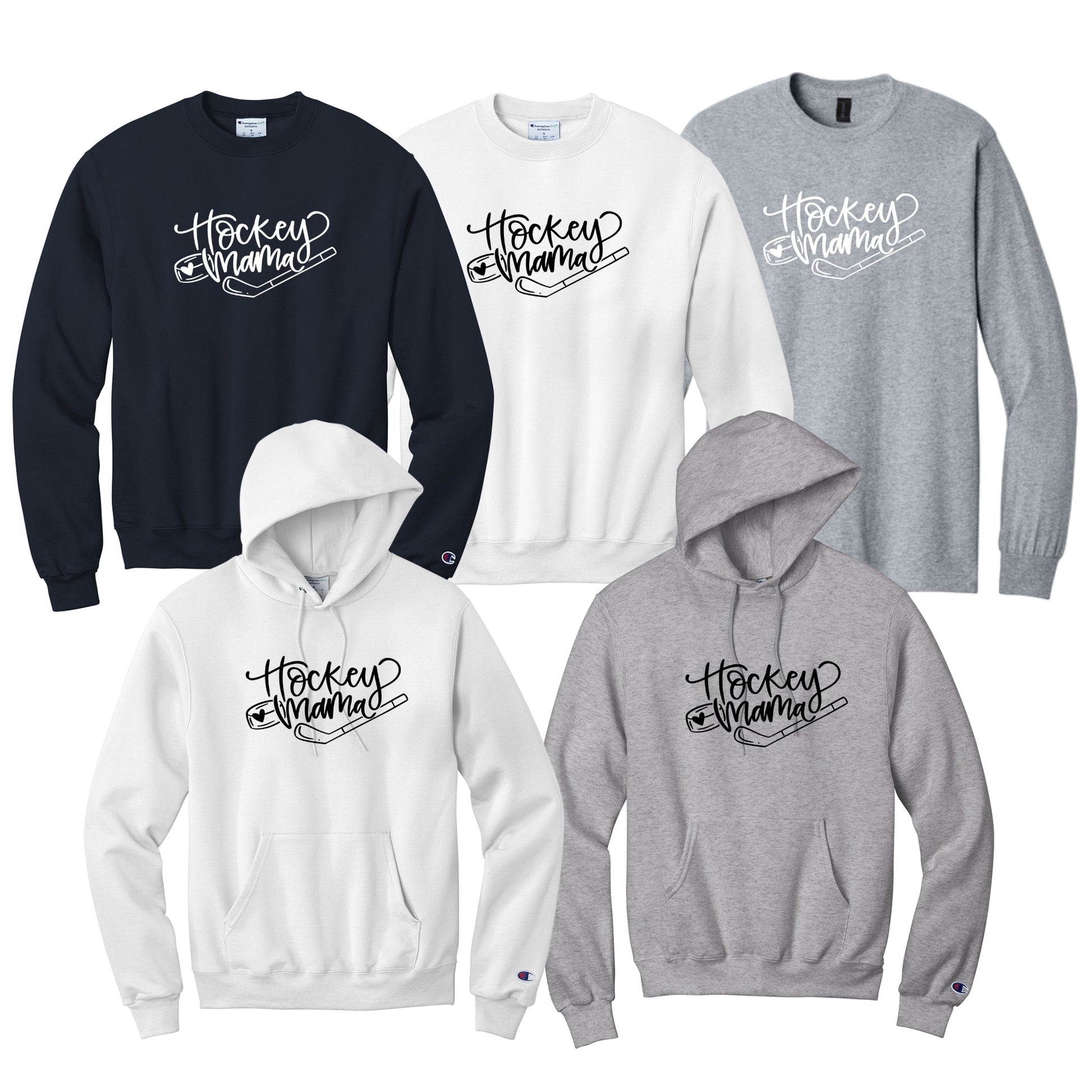 Collection of sweatshirts and hoodies with 'Hockey Mama' text in white or black, perfect to show game spirit.