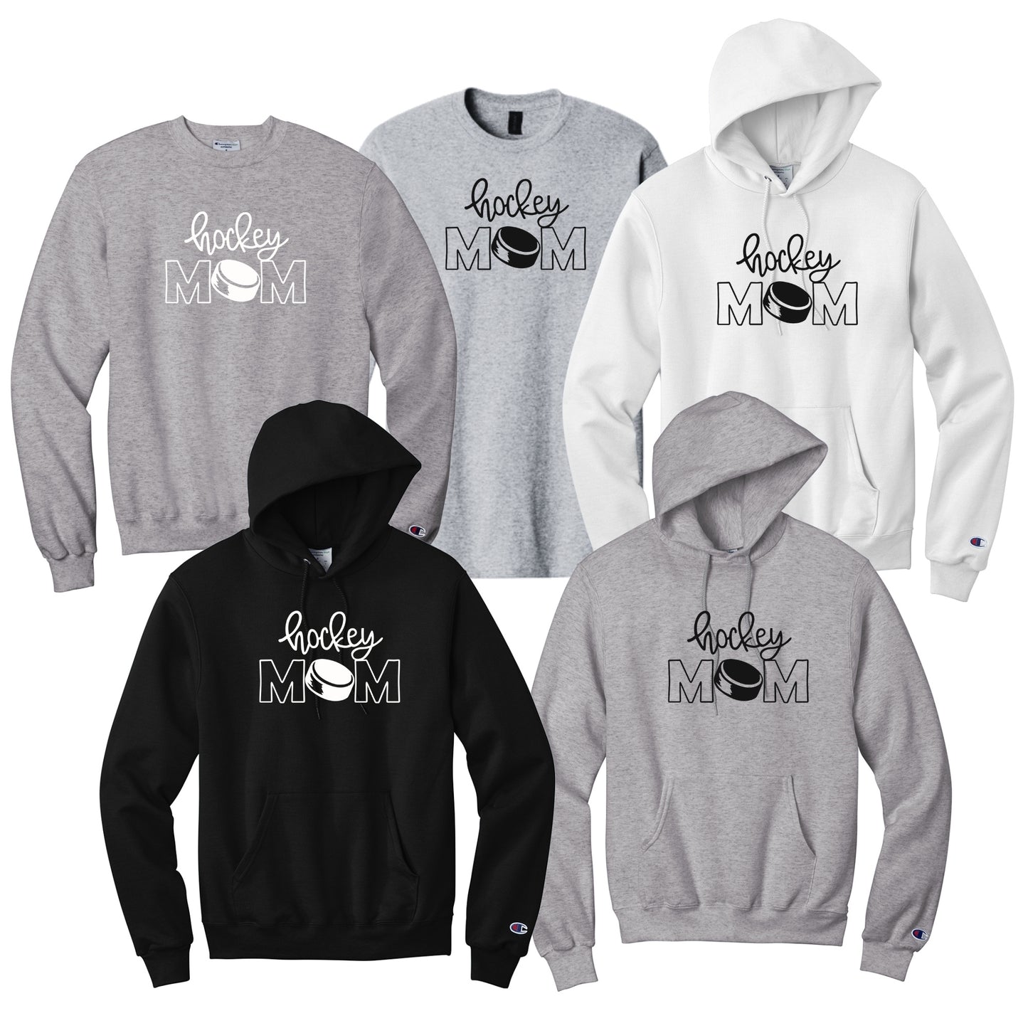 Collection of hoodies and tees with 'Hockey Mom' text in black or white font.