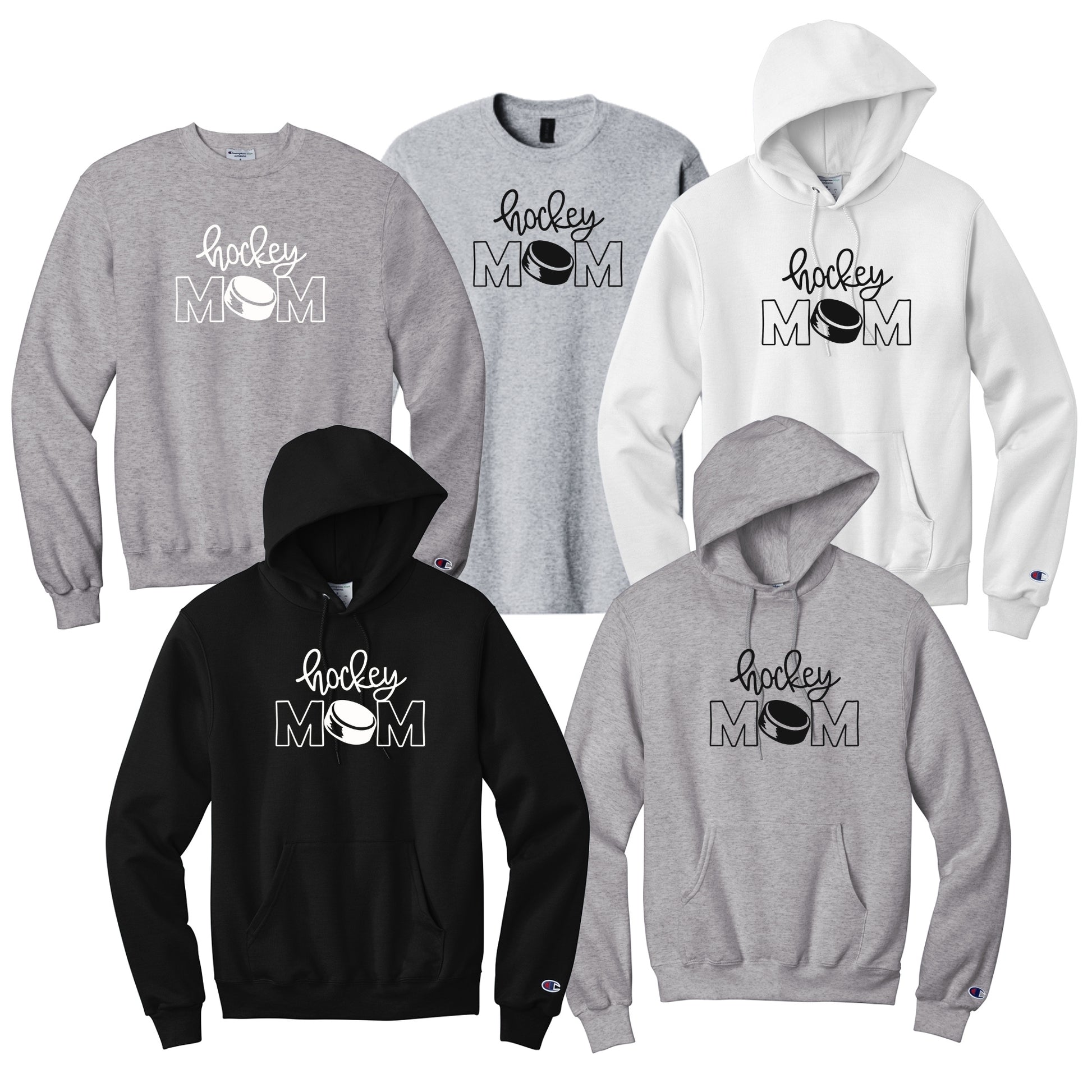 Collection of hoodies and tees with 'Hockey Mom' text in black or white font.