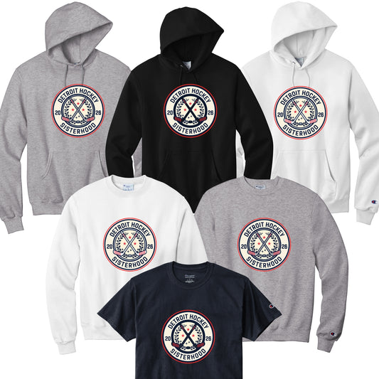 Collection of hoodies and t-shirts with a Detroit Hockey Brotherhood logo.