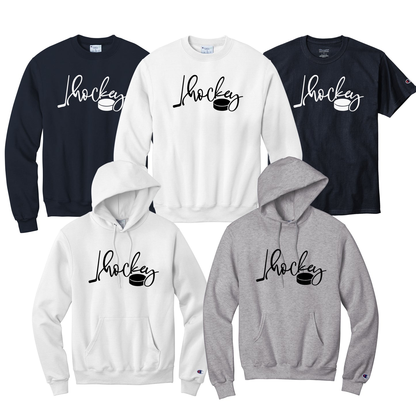 Collection of hoodies and sweatshirts with 'Hockey' text puck and stick in black or white.