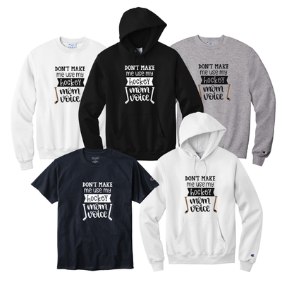 Collection of hoodies and t-shirts with text on a white background