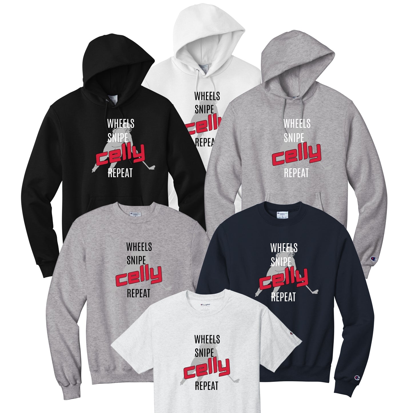 Collection of hoodies and t-shirts with 'Wheels, Snipe, "Celly" in red, Repeat' text with a female skater silhouetted in background, great celebration top.