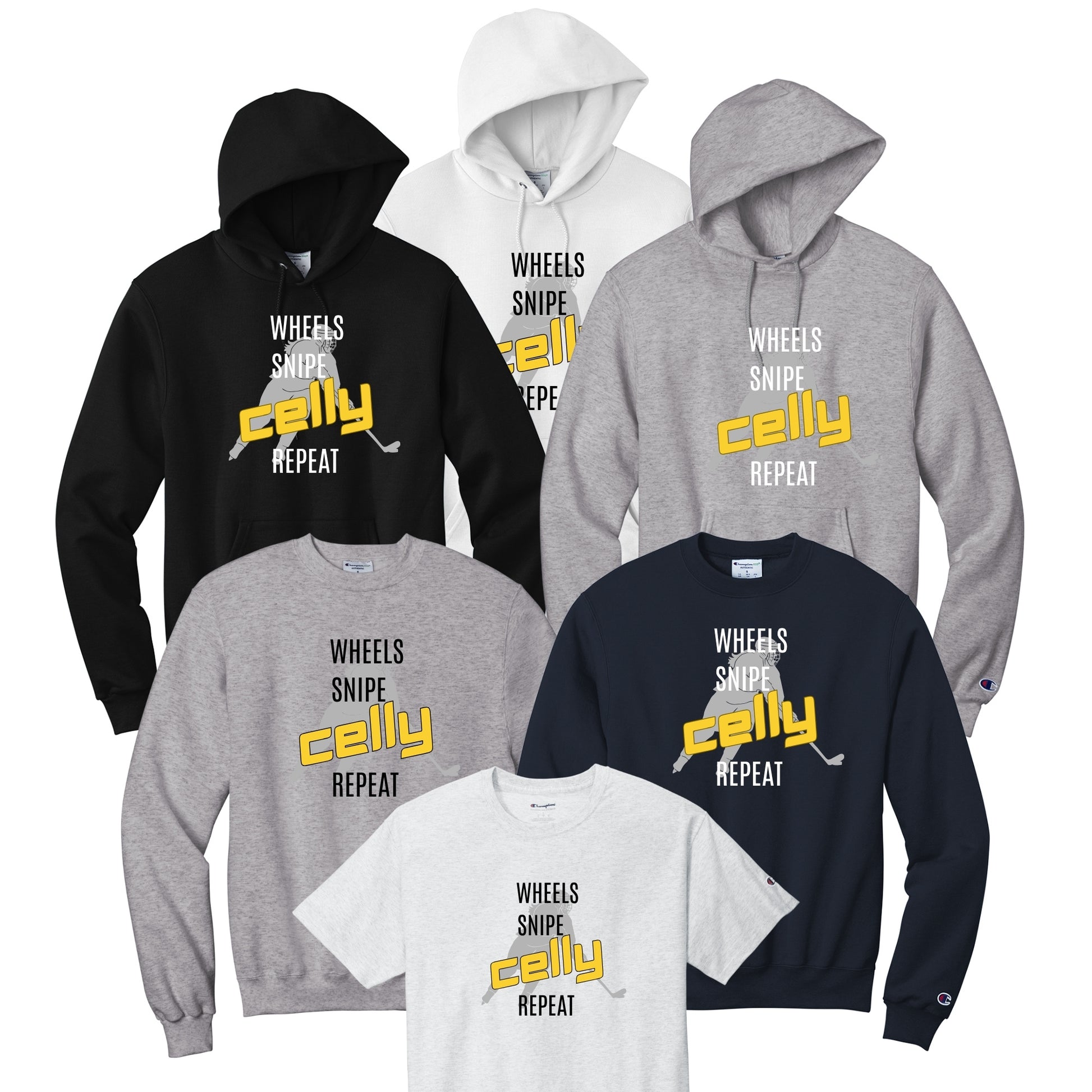Collection of hoodies and t-shirts with 'Wheels, Snipe, "Celly" in yellow, Repeat' text with a female skater silhouetted in background, great celebration top.