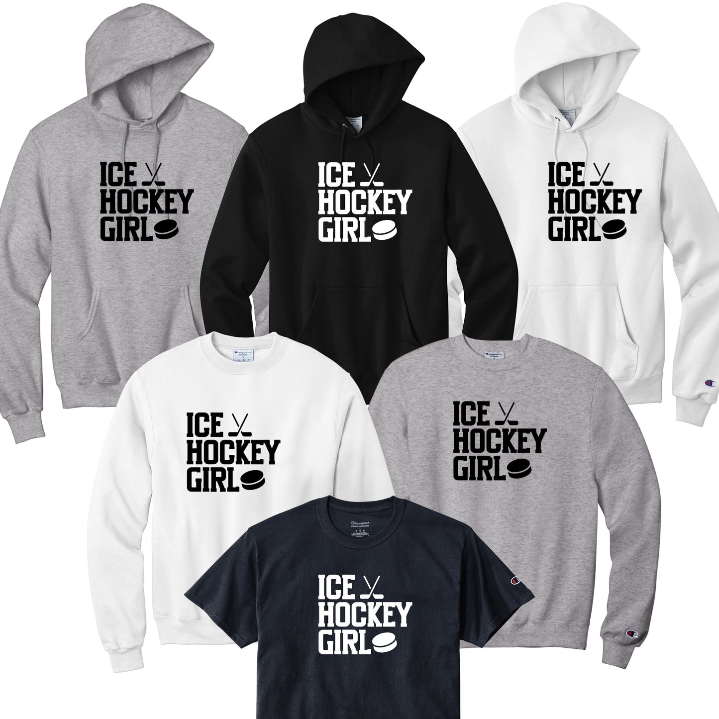 Collection of hoodies and t-shirts with 'Ice Hockey Girl' text design in black or white.