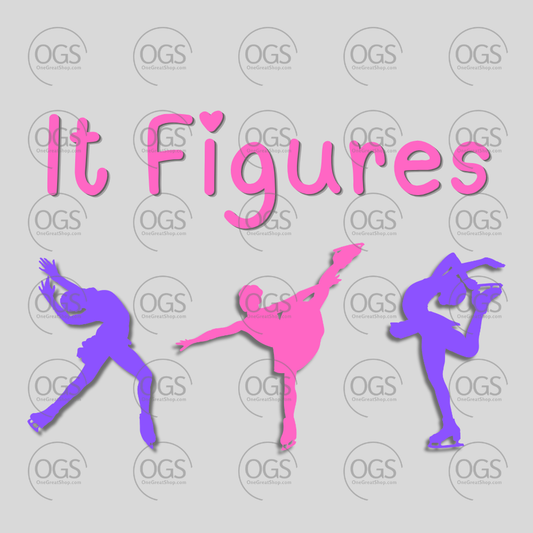Three silhouettes of a figure skaters in pink and purple with 'It Figures' text.