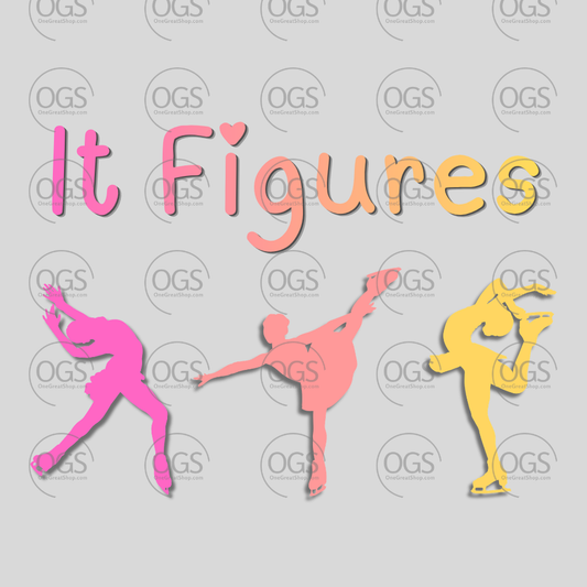 Three silhouettes of a figure skaters in pink, red, and yellow gradient with 'It Figures' text.