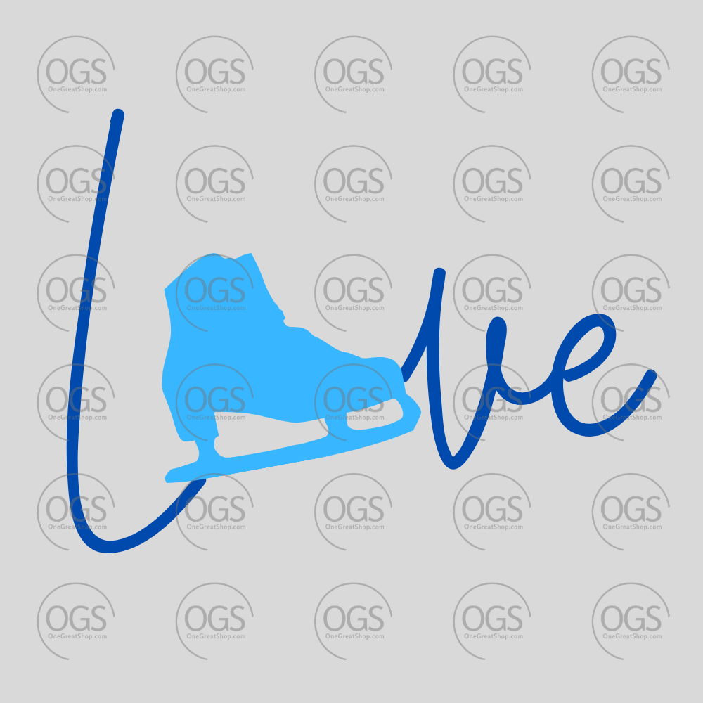Blue ice skate with 'love' text.