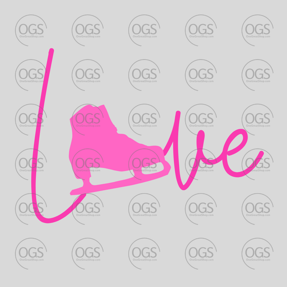 Pink ice skate and 'love' text design.