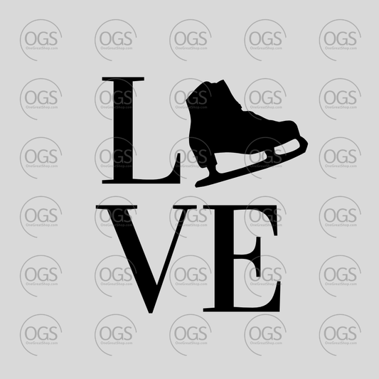 Figure Skating Design LOVE with skate for the O in black font.