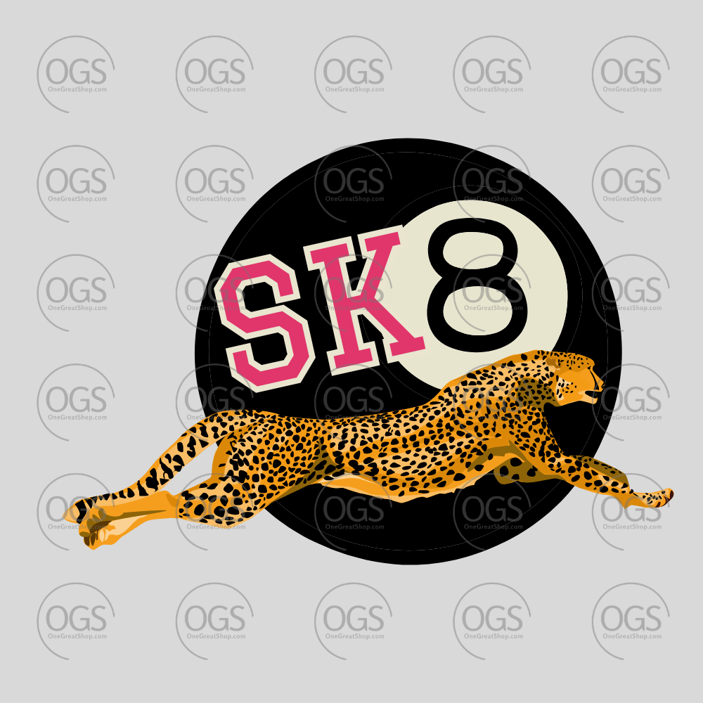 A stylized graphic featuring a cheetah running across a black circle with a cream-colored 8-ball and pink-and-white 'SK8' lettering, shown on a light gray background with repeated 'OGS' watermarks.