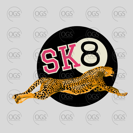 A stylized graphic featuring a cheetah running across a black circle with a cream-colored 8-ball and pink-and-white 'SK8' lettering, shown on a light gray background with repeated 'OGS' watermarks.