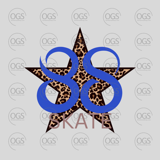 A graphic design featuring a five-point star filled with a leopard print pattern, overlaid with large blue '88' numerals and the word 'SKATE' text
