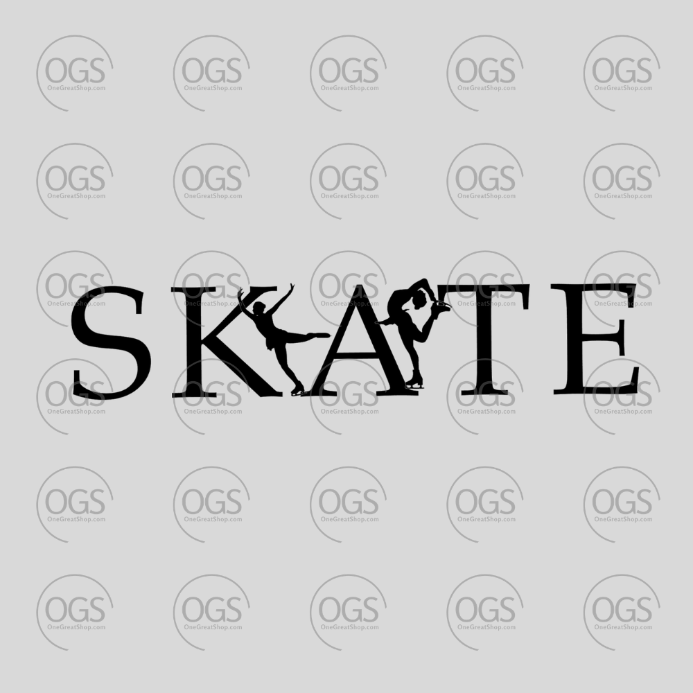 Black 'SKATE' text with figure skater between the text.
