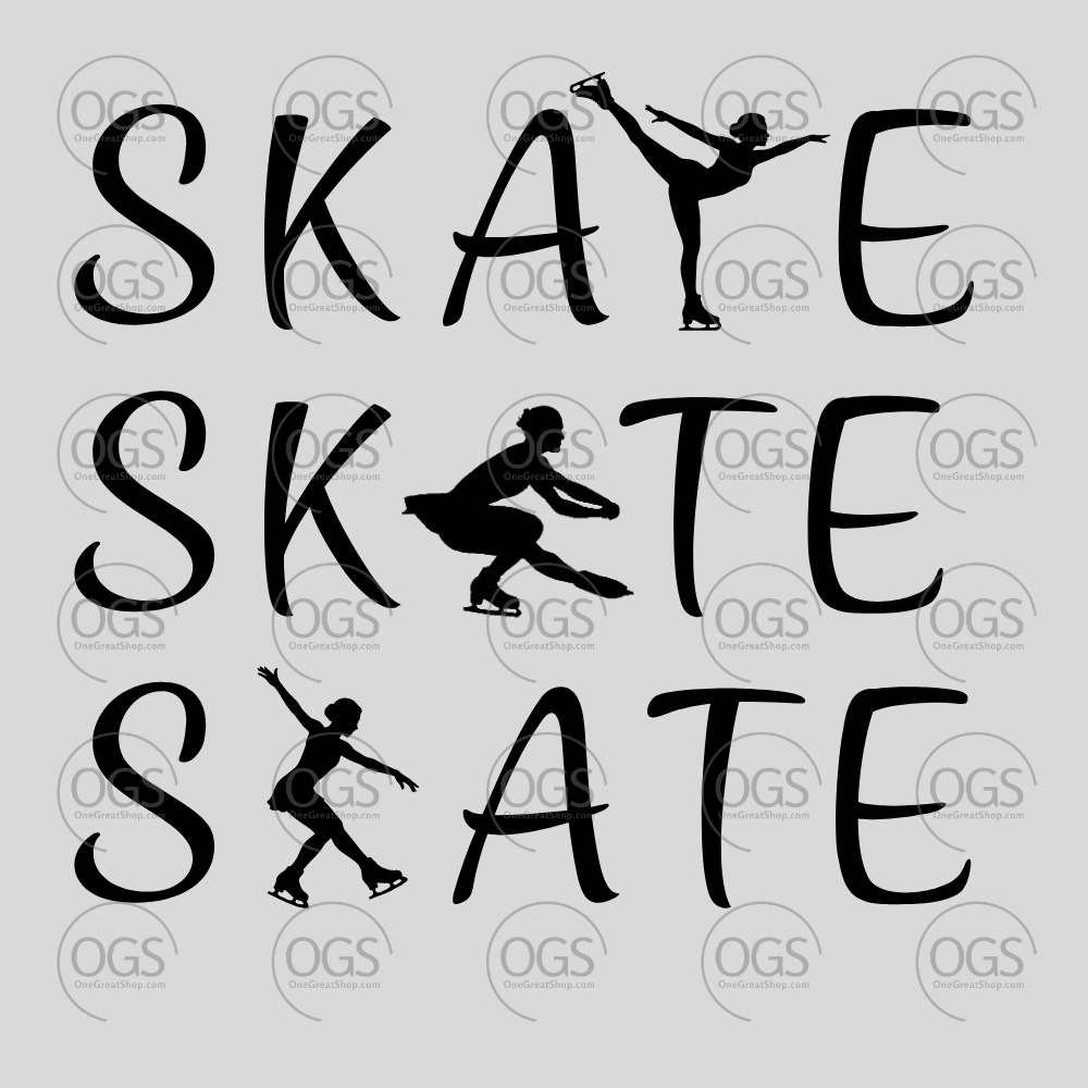 Text 'SKATE' with silhouette figure skaters