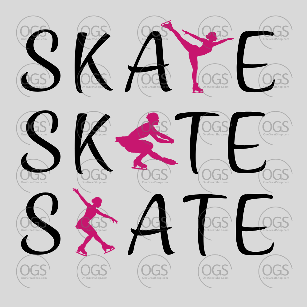Text 'SKATE' with pink ice skater and black font.