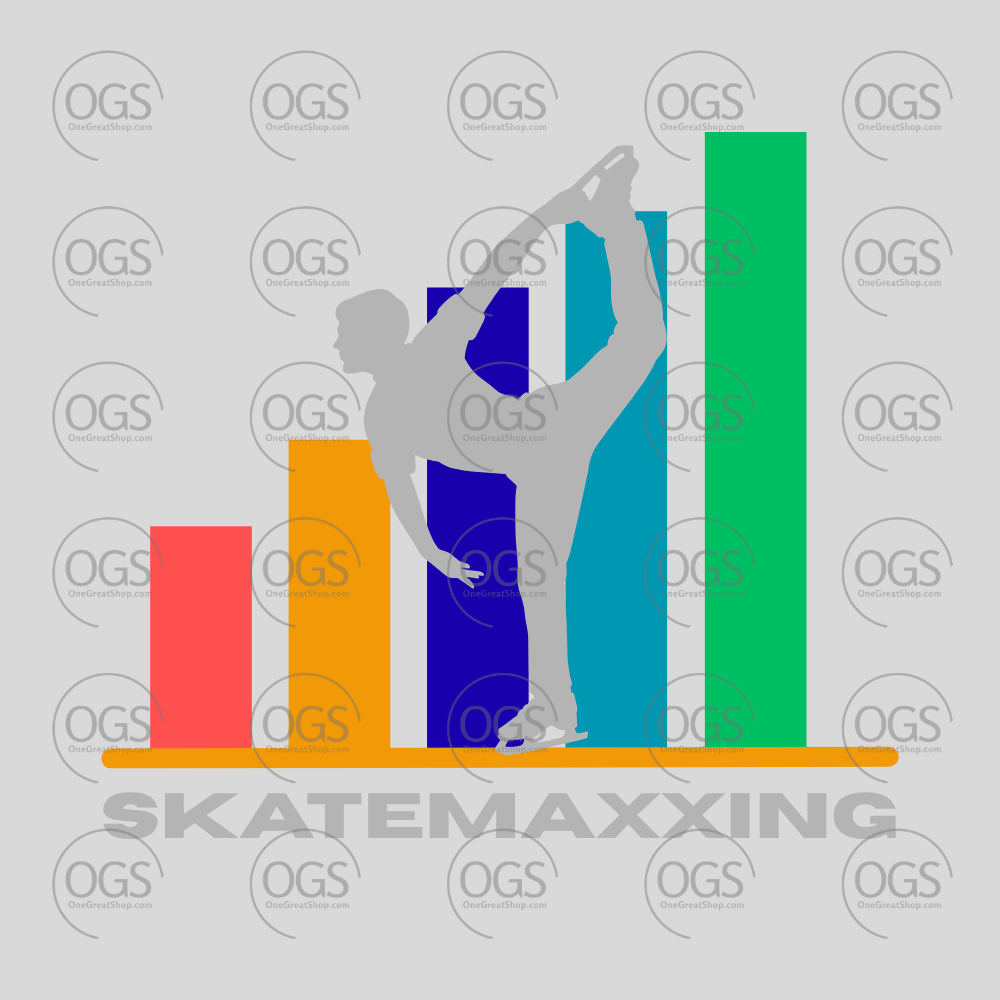 Silhouette of a male skater with colorful bar graph SKATEMAXXNG in gray font.