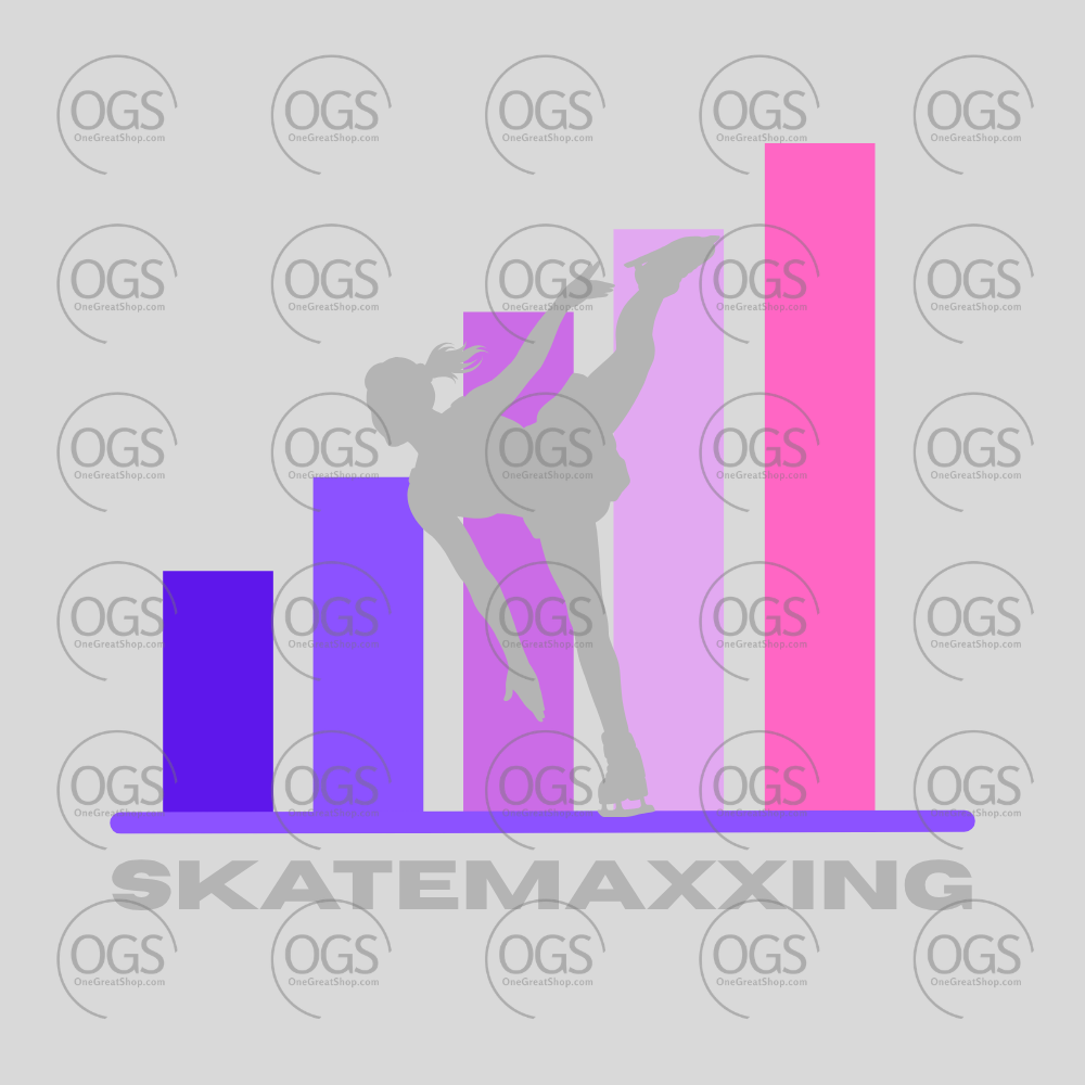 Silhouette of a of a figure skater 'SKATEMAXXING" in pastel color bar and gray font.
