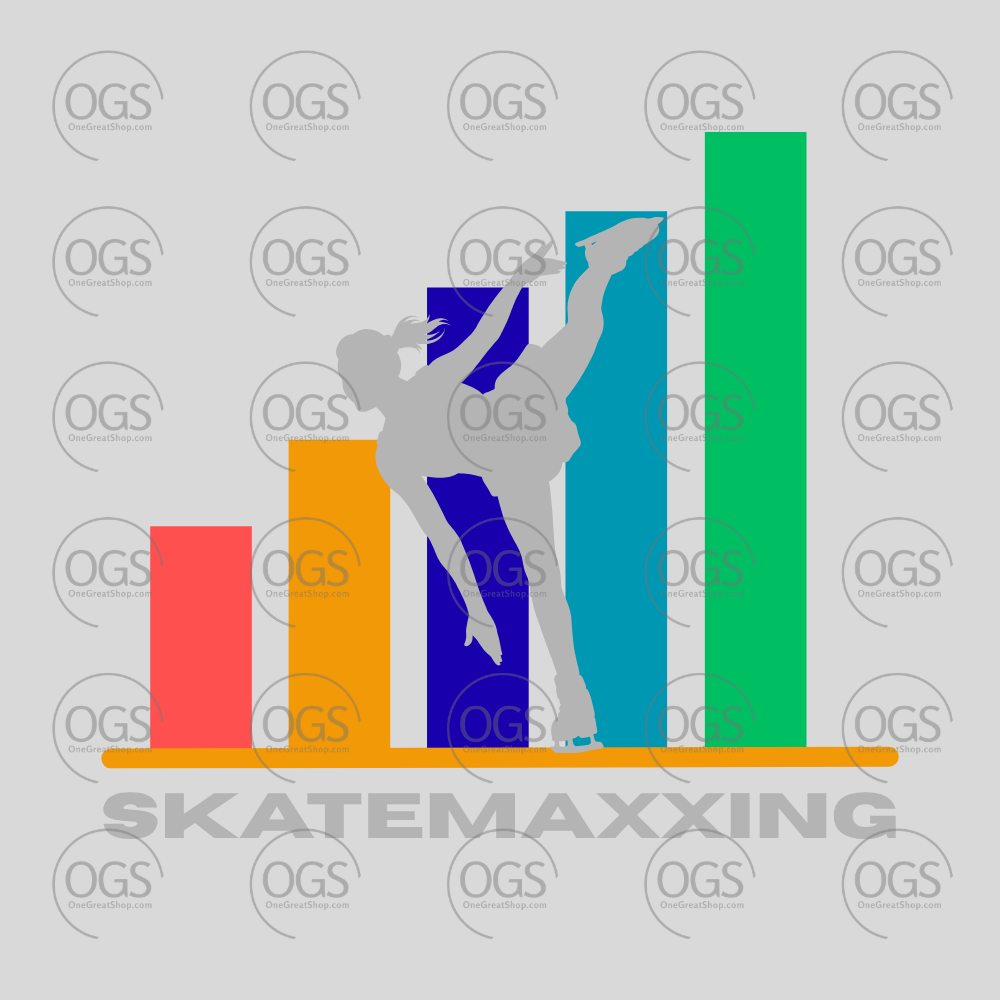 Colorful bar graph with silhouettes of female skater 'Skatemaxxing' in gray font.