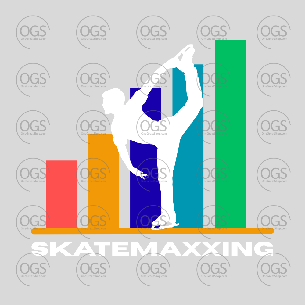 Silhouette of a male skater with colorful bar graph SKATEMAXXNG in white font.