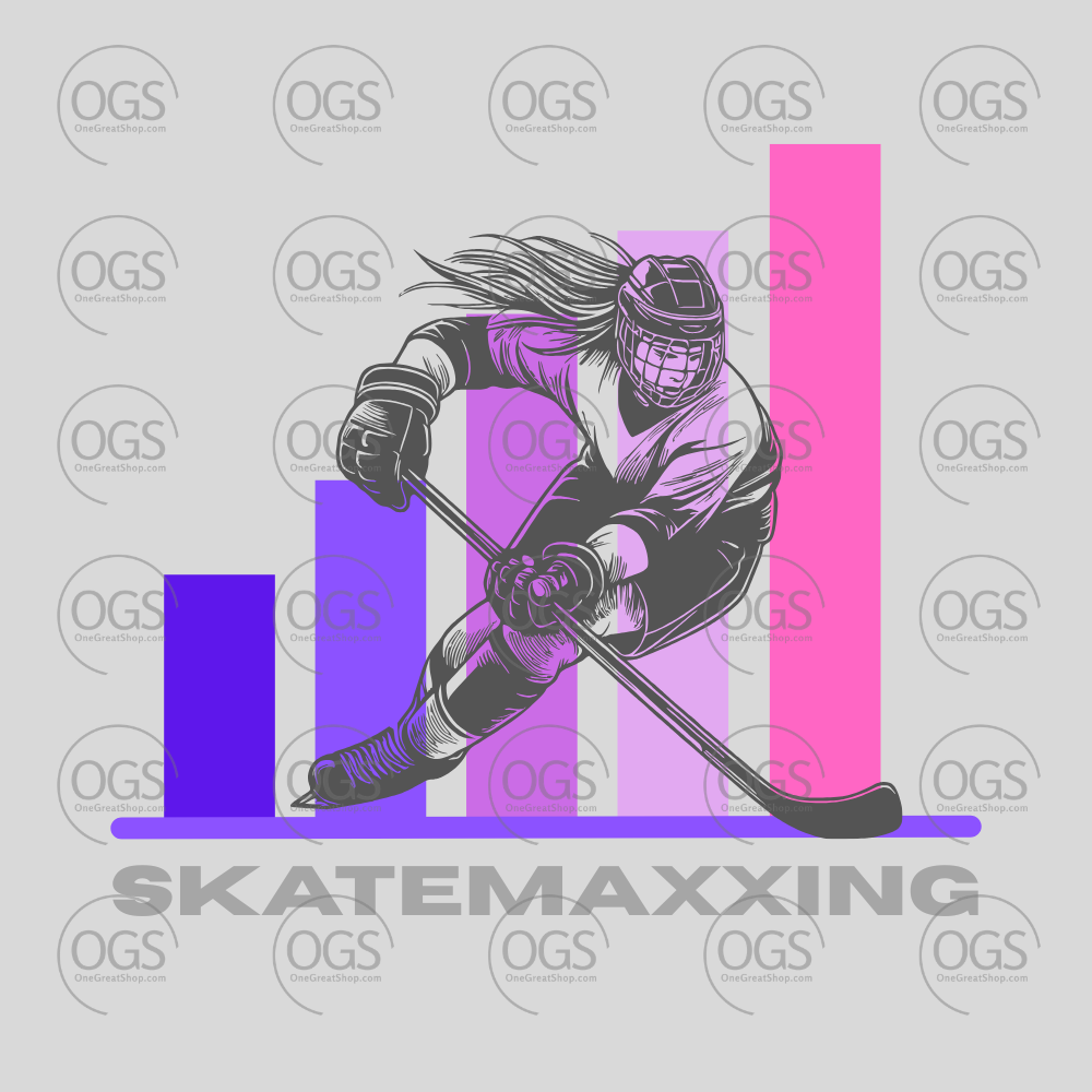 Hockey player graphic with bar graphs and 'Skatemaxxing' branding on a light gray background.