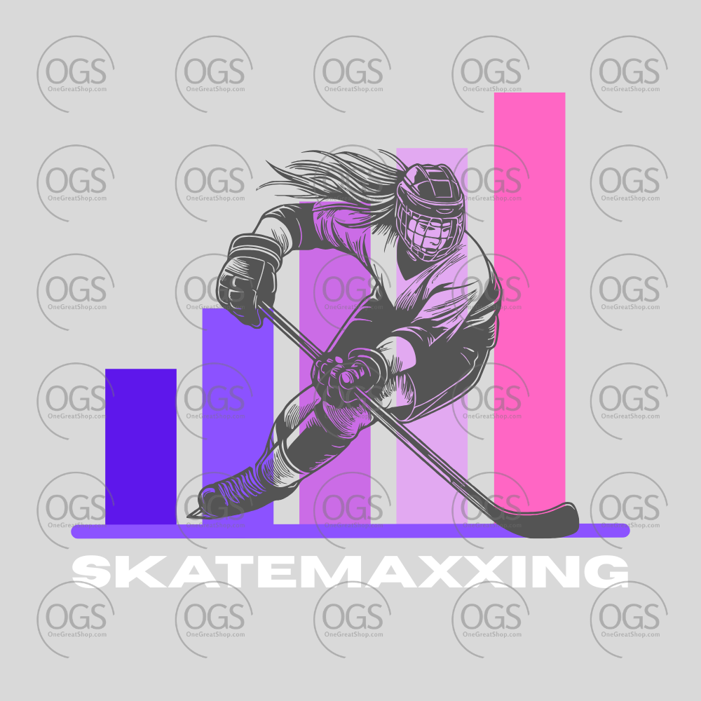 Hockey player graphic with colorful bars and 'Skatemaxxing' text on a gray background