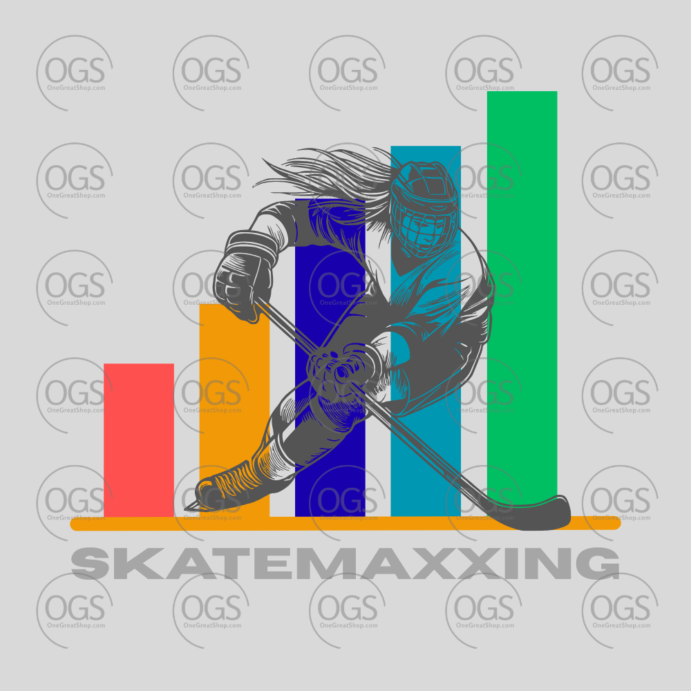 Illustration of a skater with colorful bars and 'Skatemaxxing' branding on a gray background.