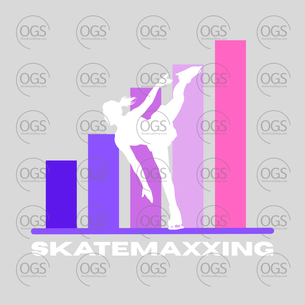 Silhouette of a of a figure skater 'SKATEMAXXING" in pastel color bar and white font.