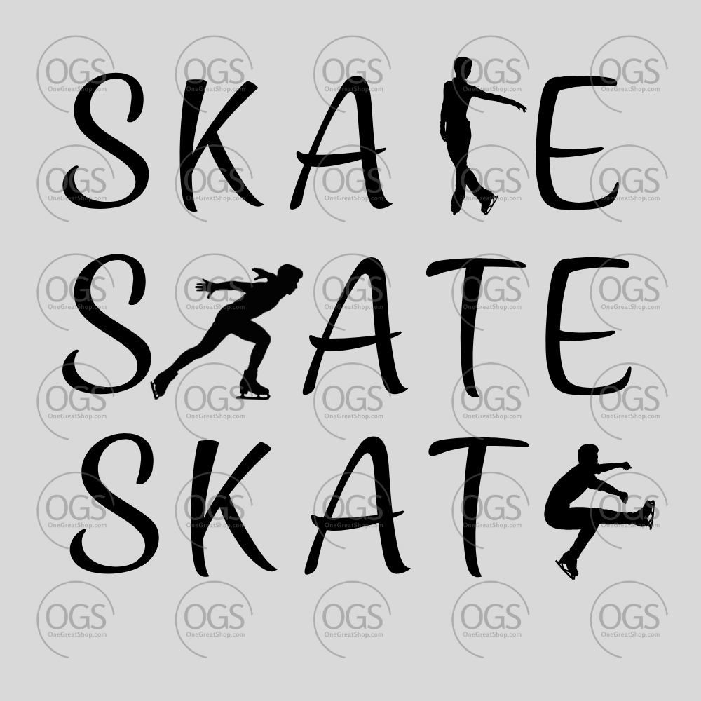Silhouette of a male skater with 'SKATE' text repeated in black font.
