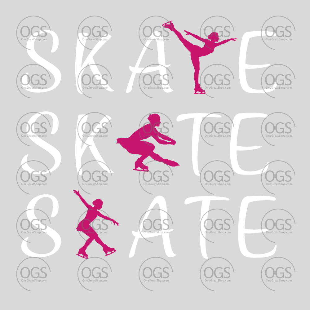Pink silhouette of a skater with 'SKATE' text in white