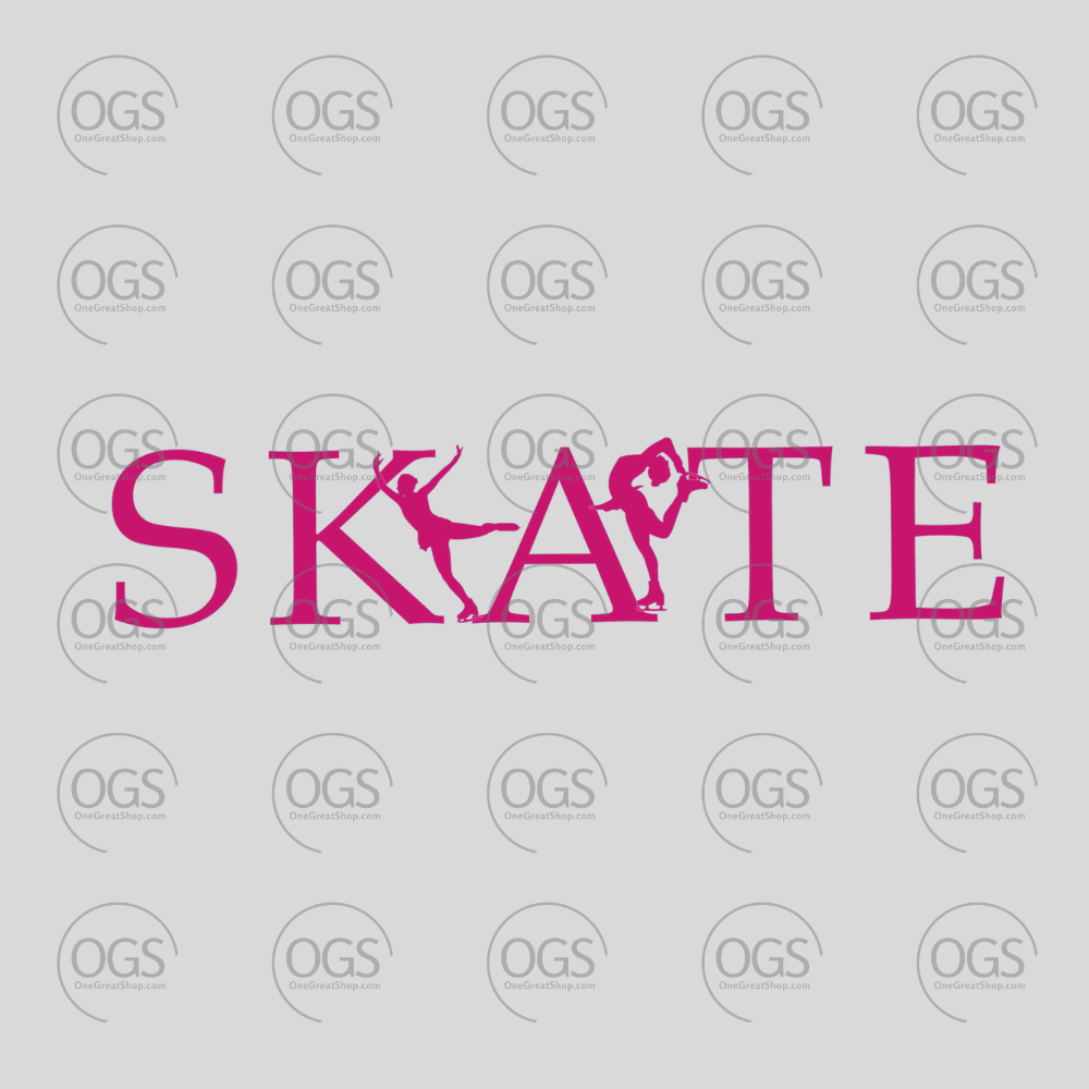 Pink 'SKATE' text with figure skater between the text.