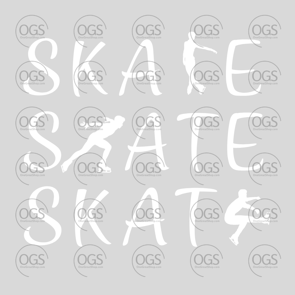 Repeating pattern of 'SKATE' text with male silhouette figure in white font.