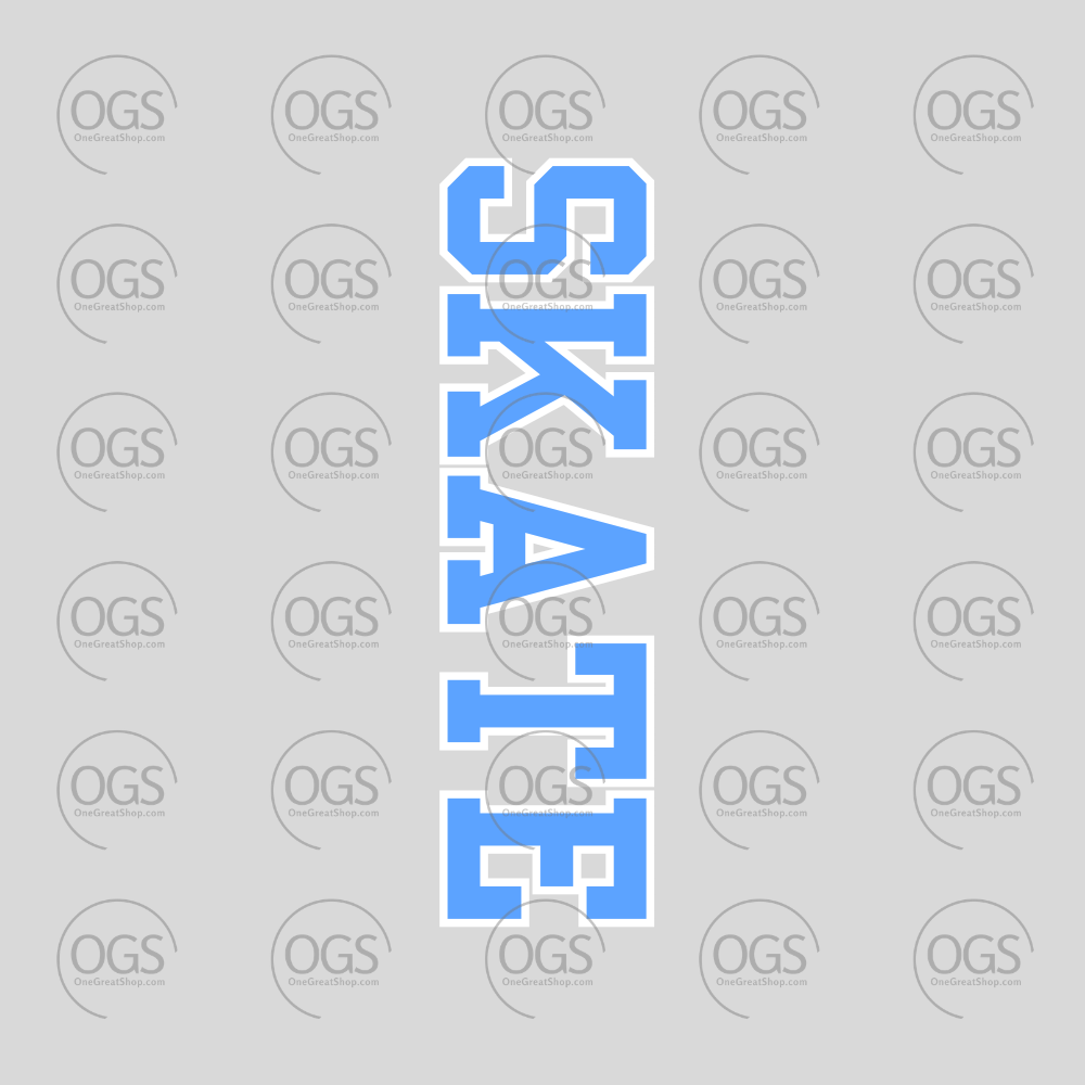A vertical graphic reading 'SKATE' in bold blue letters with a white outline, centered on a light gray background with repeated faint OGS watermarks.