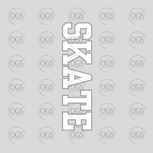 A vertical graphic design spelling 'SKATE' in bold white block letters with a gray outline.
