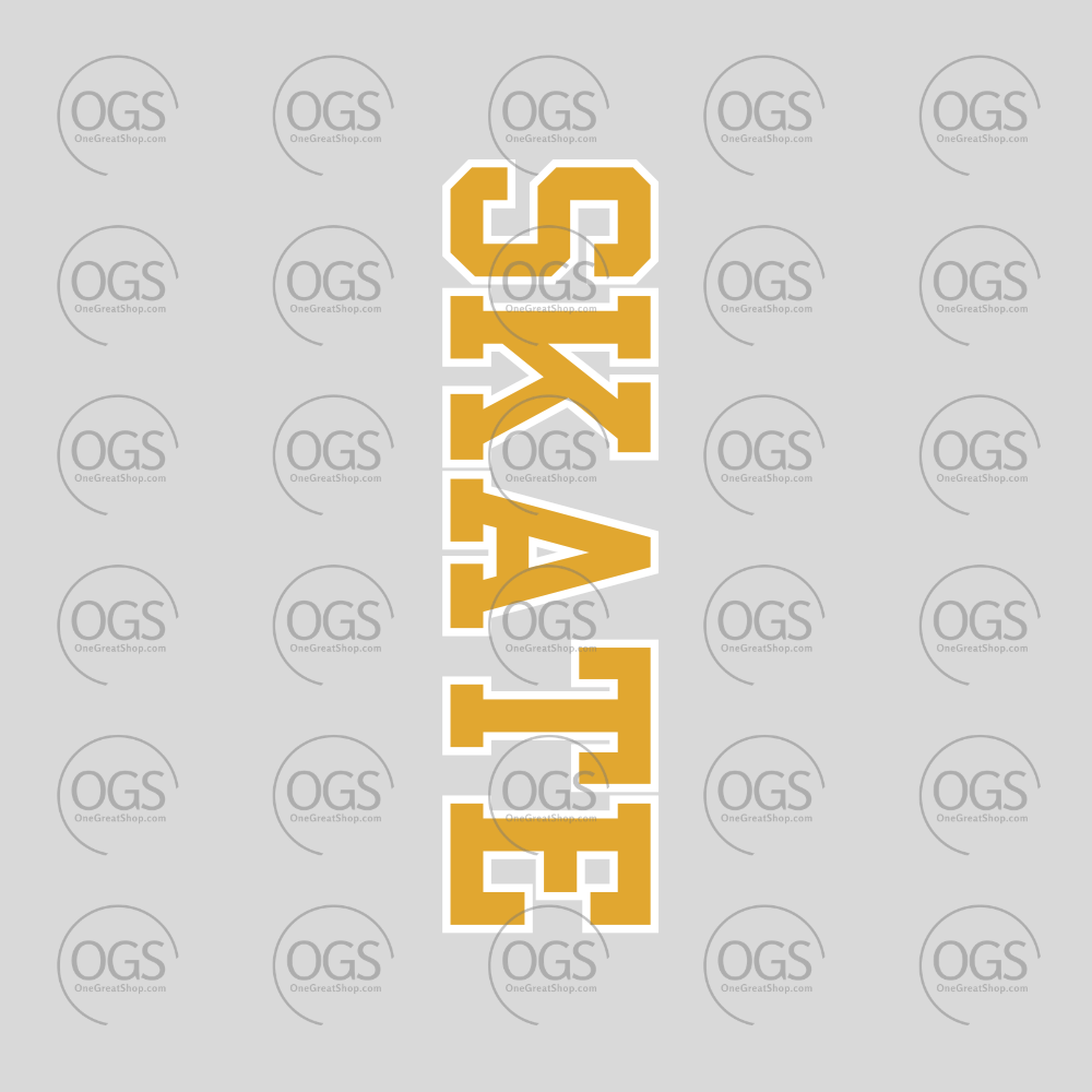 A vertical graphic decal spelling 'SKATE' in bold yellow letters with a white outline, centered on a light gray background with a repeating 'OGS' watermark pattern.