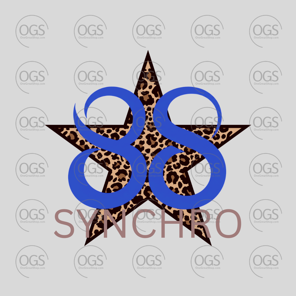 A graphic design featuring a five-point star filled with a brown and black cheetah print pattern, overlaid with large blue stylized numbers '88' and the word 'SYNCHRO'.