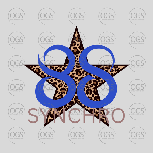 A graphic design featuring a five-point star filled with a brown and black cheetah print pattern, overlaid with large blue stylized numbers '88' and the word 'SYNCHRO'.