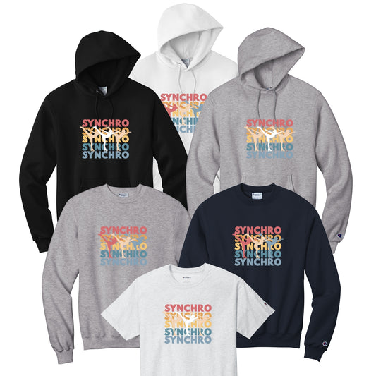 Synchro Design Synchro words Repeated with colorful skaters in darker or pale colors.