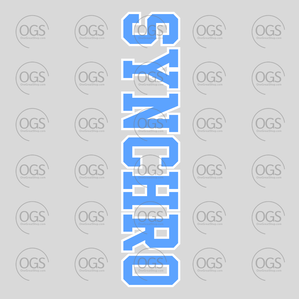 A vertical graphic with the word 'SYNCHRO' in large outlined blue block letters.