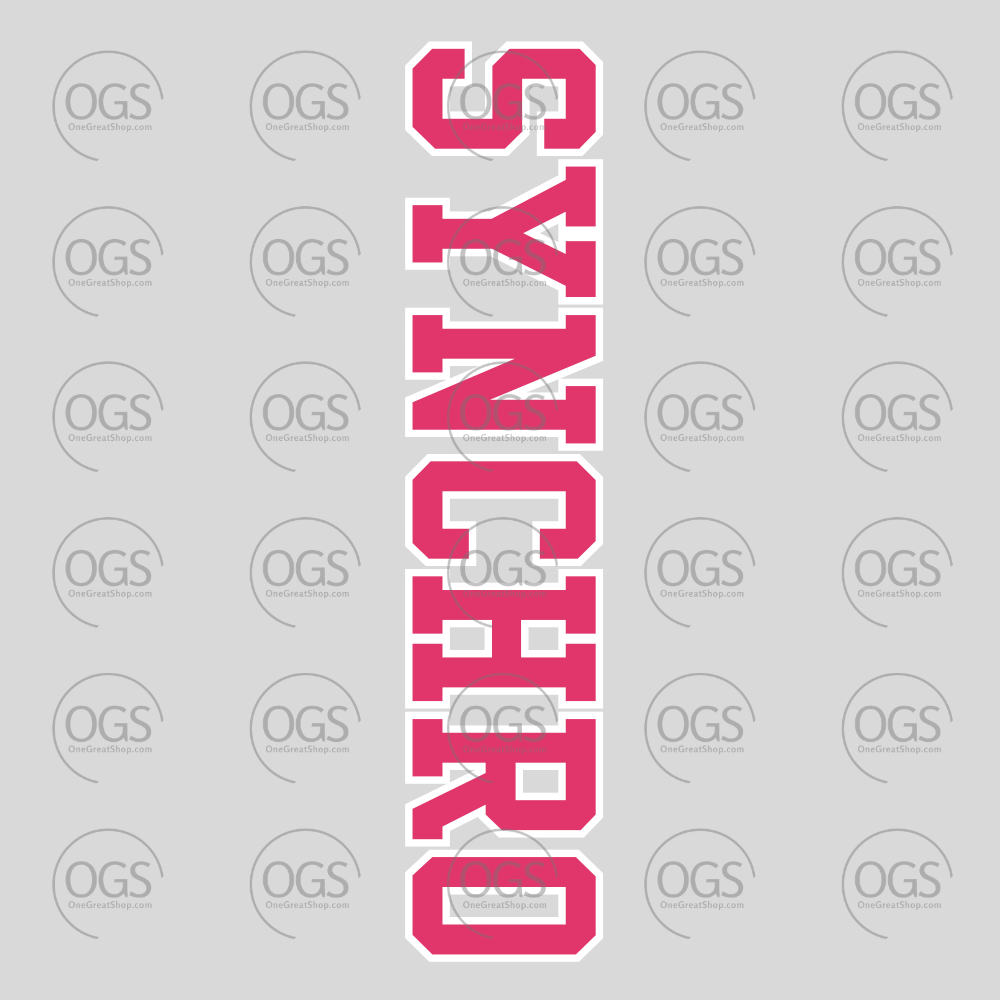 A vertical graphic with the word 'SYNCHRO' in large outlined pink block letters.