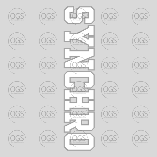 A vertical graphic with the word 'SYNCHRO' in large outlined white block letters.
