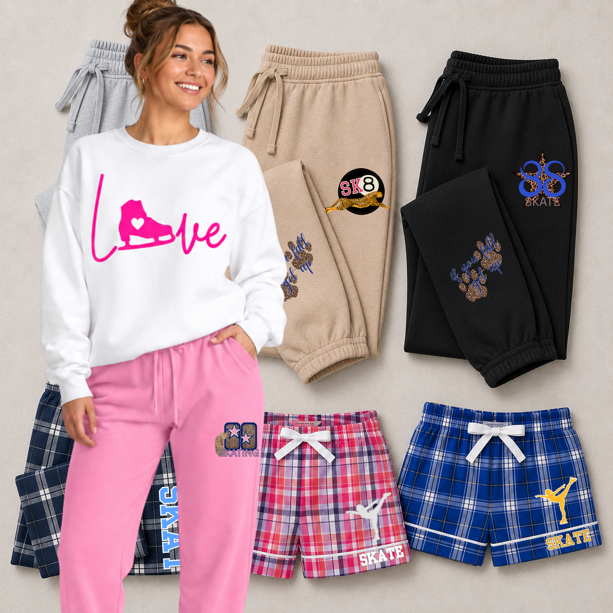A woman models a white sweatshirt with a pink 'Love' graphic and pink sweatpants, while six pairs of colorful skater-themed shorts and matching sweatpants are displayed beside her.