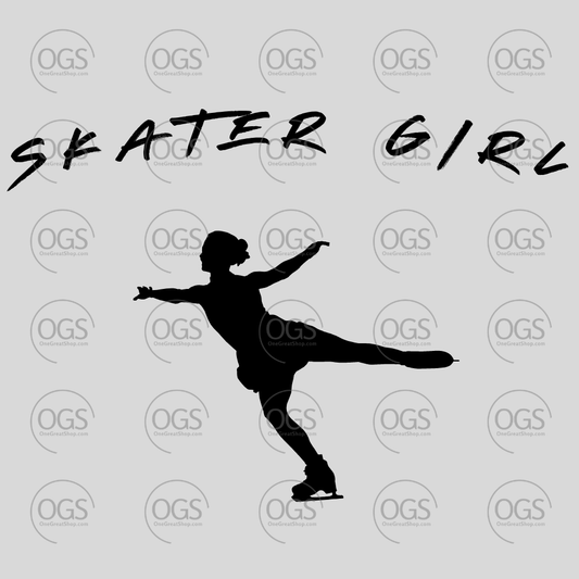 Silhouette of a figure skater with 'SKATER GIRL' tin black font.