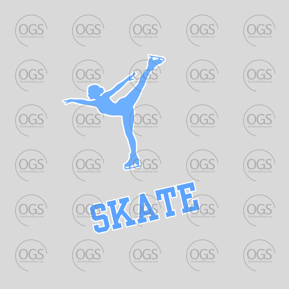 A blue graphic of a figure skater performing a high kick with the word 'SKATE' in large blue letters below, set on a light gray background with a repeating 'OGS' watermark pattern.