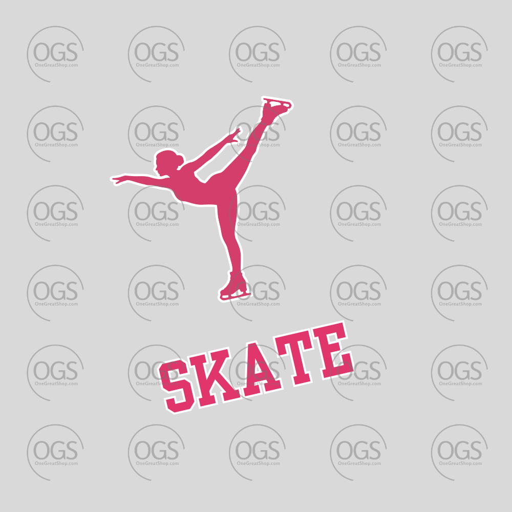 A pink silhouette of a figure skater performing a high kick with one leg extended upward, above the word 'SKATE' in bold pink letters with a white outline, all on a light gray background with a repeating 'OGS' watermark pattern.