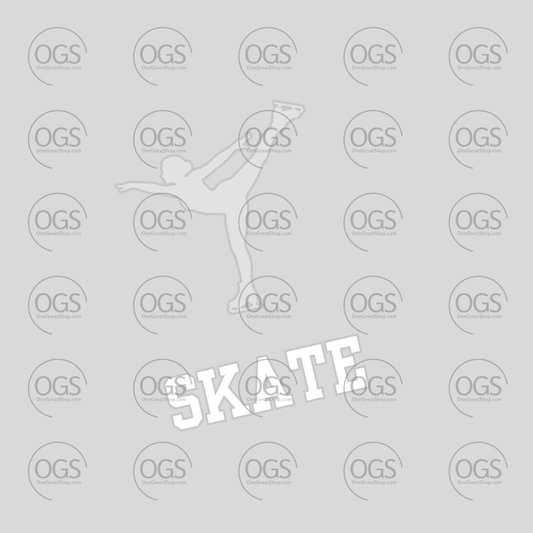 A light gray square graphic with a repeating pattern of circular OGS logos, a faint white silhouette of a skater in a high kick, and a large diagonal white 'SKATE' text overlay.