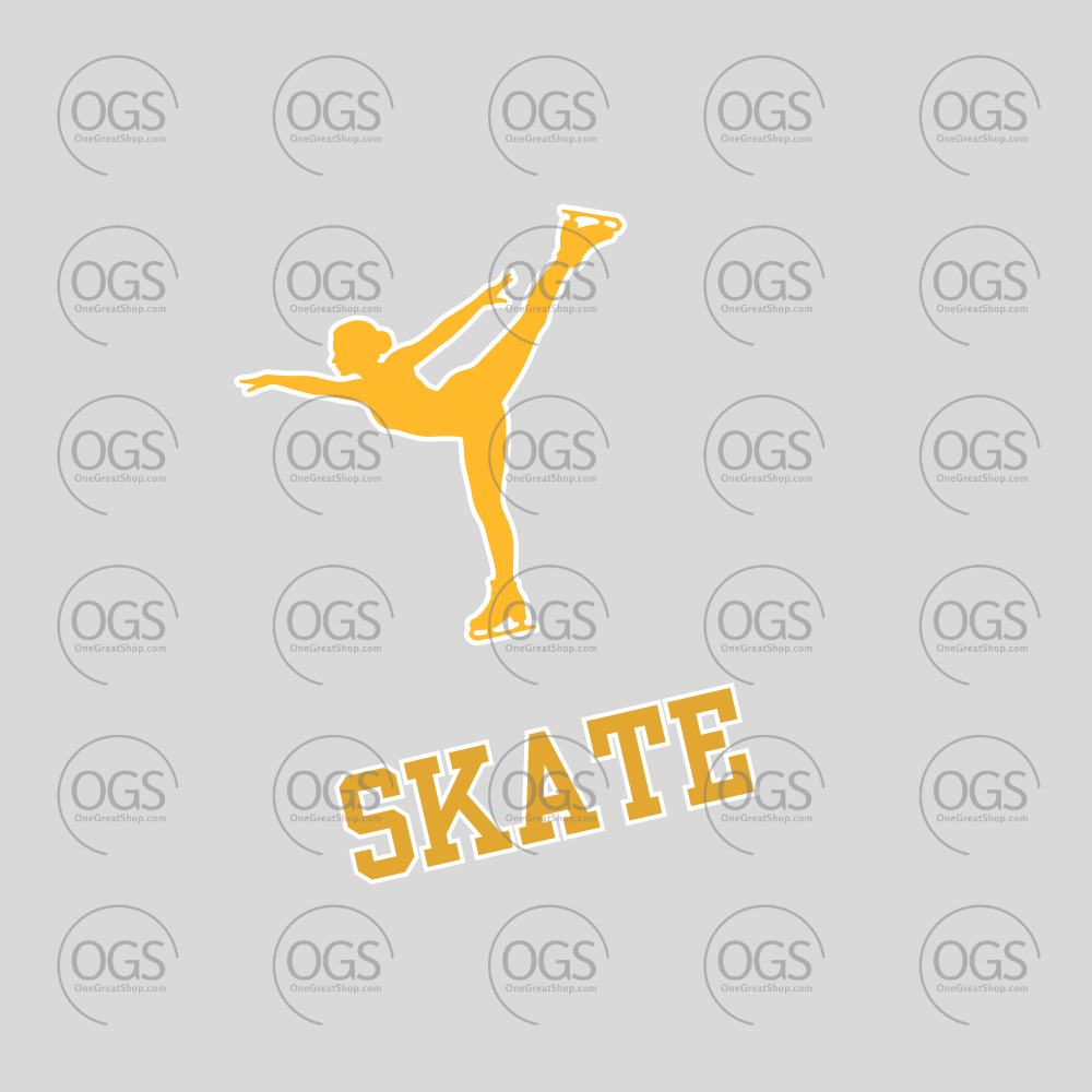 A graphic design featuring a yellow silhouette of a figure skater performing a high kick, with the word 'SKATE' in bold yellow letters below it, set against a light gray background with a repeating 'OGS' watermark pattern.