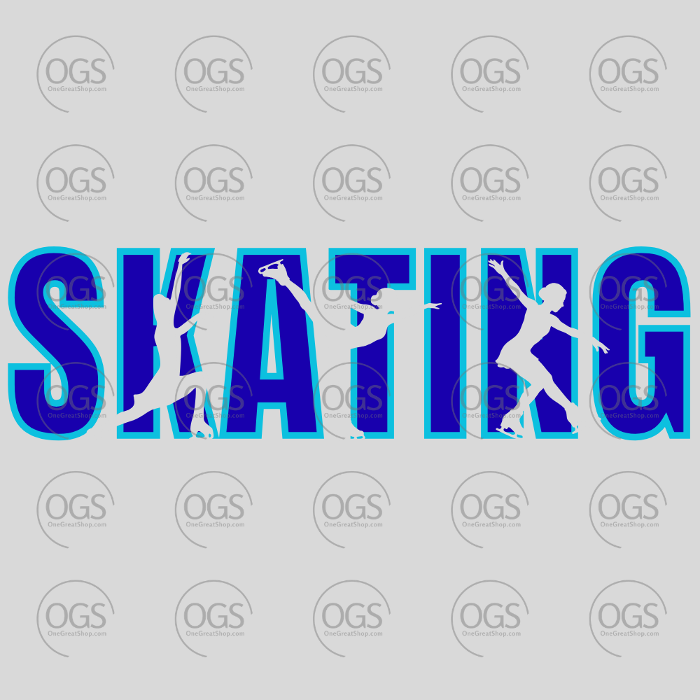Word 'SKATING' with skater illustrations in Vibrant Blue.