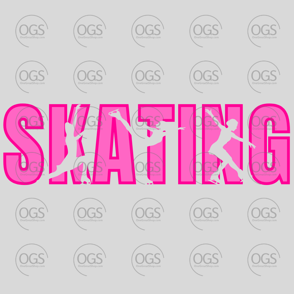Pink 'SKATING' text with silhouettes of skaters in vibrant pink.
