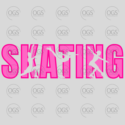 Pink 'SKATING' text with silhouettes of skaters in vibrant pink.